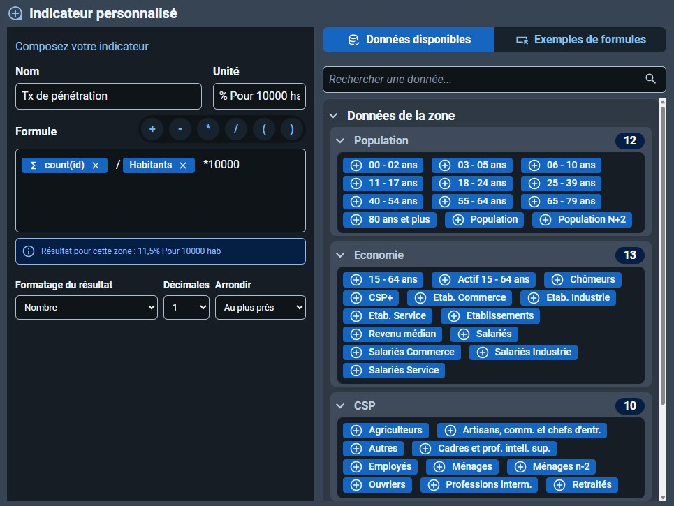 interface de création d'indicateurs